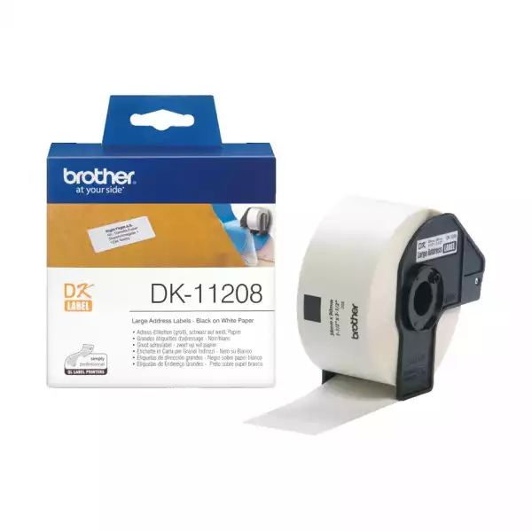 Brother DK-11208 Large Address Paper Labels, 38mmx90mm, 400 labels per roll, (Black on White)