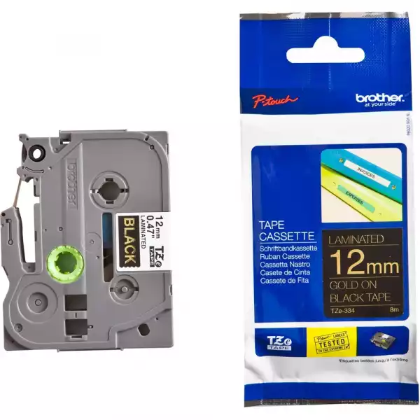 Brother TZe-334 Tape Gold on Black , Laminated, 12mm, 8m - Eco Brother TZe-334 Tape Gold on Black , Laminated, 12mm, 8m - Eco