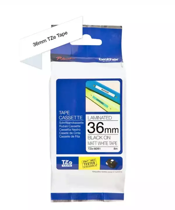 Brother TZe-M261 Matt Laminated Labelling Tape Cassette – Black on White, 36mm wide Brother TZe-M261 Matt Laminated Labelling Tape Cassette – Black on White, 36mm wide