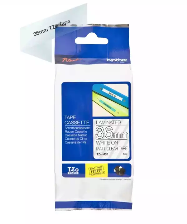 Brother TZe-M65 Matt Laminated Labelling Tape Cassette – White On Clear, 36mm wide
