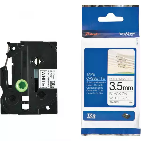 Brother TZe-N201 Tape, Black on White, Non Laminated, 3.5mm, 8m Brother TZe-N201 Tape, Black on White, Non Laminated, 3.5mm, 8m