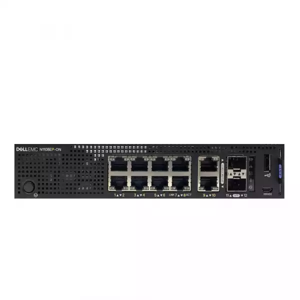 Dell EMC Switch N1108EP-ON, Gigabit, L2, 8x 10/100/1000Mbps half/full duplex ports, 2x GbE RJ45 and 2x GbE SFP interfaces, 8xPoE/PoE+, DNN1108EP, 137W PoE power budget RJ45, FastPoE, Perpetual PoE,1 RU half-width, fanless operation, LL Hardware Warranty Dell EMC Switch N1108EP-ON, Gigabit, L2, 8x 10/100/1000Mbps half/full duplex ports, 2x GbE RJ45 and 2x GbE SFP interfaces, 8xPoE/PoE+, DNN1108EP, 137W PoE power budget RJ45, FastPoE, Perpetual PoE,1 RU half-width, fanless operation, LL Hardware Warranty