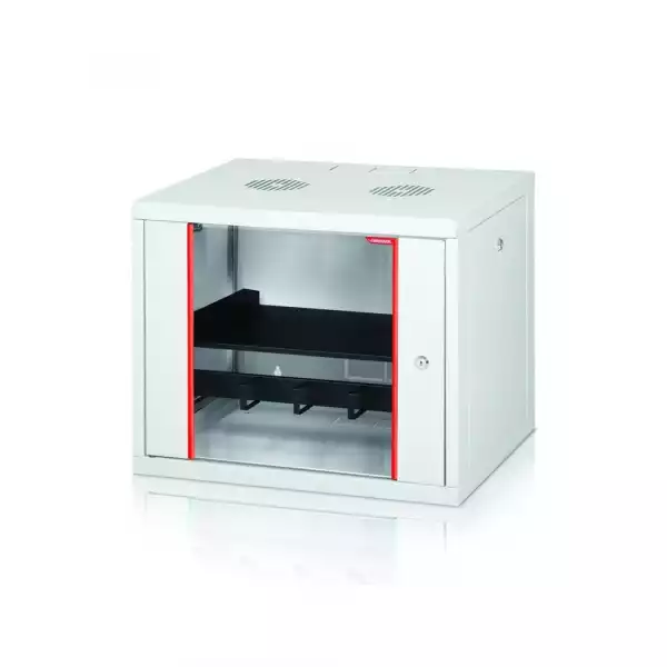 Formrack 19" Wall Mounted rack 9U 555/450mm, removable locking sides, height: 460mm, loading capacity: 100kg., tempered glass door, 19" front rails (back rails optionable)