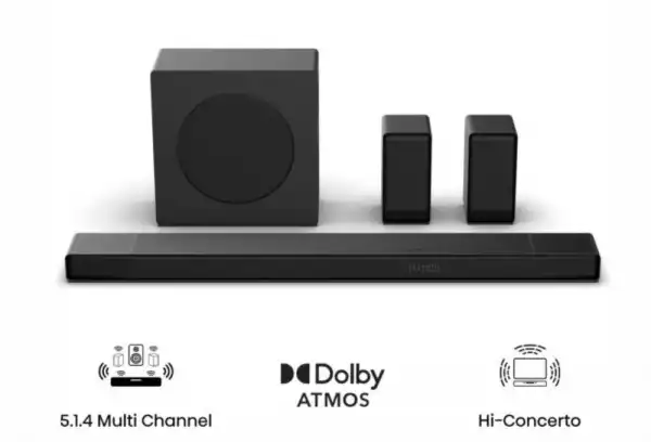 Hisense AX5140Q,  5.1.4Ch Sound Bar with Wireless Subwoofer, 600W, Dolby Atmos, Bluetooth 5.3, 4K HDMI Pass Through, DTS:X, HDMI/AUX/ARC/Optical/USB, 7 EQ Modes, Black