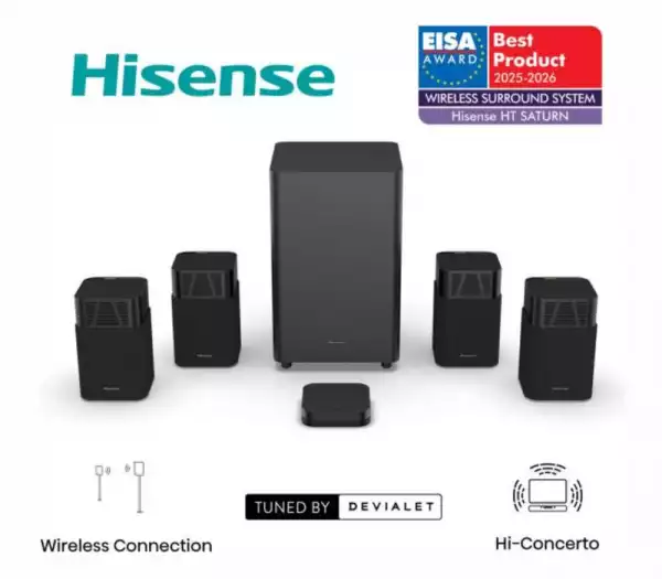Hisense HT Saturn, 4.1.2Ch Sound Bar with Wireless Subwoofer, 720W, Dolby Atmos, Tuned by Devialet , DTS:X,Quad Satellite Speakers , Black