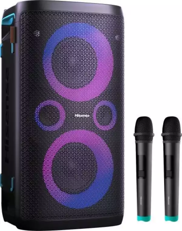 Hisense Party Rocker One Plus (HP110) Bluetooth Speaker with 300W Power, Built-in Woofer, Karaoke Mode, Built-in Wireless Charging Pad, AUX Input and Output, USB, 15 Hour Long-Lasting Battery 4 x 2500Ah, 2x mics included, Black