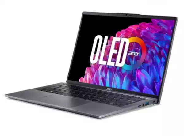 Лаптоп Acer Swift Go SFG14-63-R1DP, AMD Ryzen 7 8845HS (up to 5.1GHz,16MB), 14" CineCrystal OLED WQ2.8K 90Hz (2880x1800), AMD Radeon Graphics,16GB LPDDR5 onboard, 512GB SSD NVMe, 50Wh, WIFI6E+BT5.3, QHD Cam, MicroSD Reader, Win 11 Home, Backlit KBD, Steel Gray