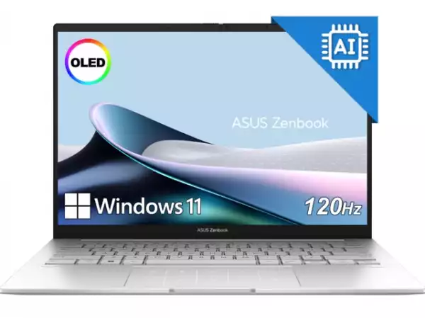 Лаптоп Asus Zenbook UX3405CA-ST787X, Intel Ultra 9 285H 2.9 GHz (24MB Cache, up to 5.4 GHz, 16 cores, 16 Threads), 14.0 OLED WQXGA+(WQ+) 2880X1800 16:10 Bend+500nits Glare , 120 Hz, LPDDR5X 32GB ( on board ),1TB SSD G4, Windows 11 Pro,Foggy Silver Лаптоп Asus Zenbook UX3405CA-ST787X, Intel Ultra 9 285H 2.9 GHz (24MB Cache, up to 5.4 GHz, 16 cores, 16 Threads), 14.0 OLED WQXGA+(WQ+) 2880X1800 16:10 Bend+500nits Glare , 120 Hz, LPDDR5X 32GB ( on board ),1TB SSD G4, Windows 11 Pro,Foggy Silver