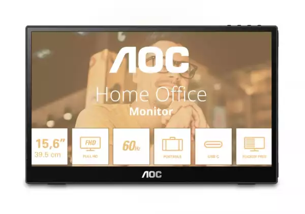 Монитор AOC 16T3EA, 15.6" IPS WLED, 1920x1080@@60Hz, 4ms GtG, 250cd m/2, 700:1, 50M:1 DCR, USB-C 3.2x1
