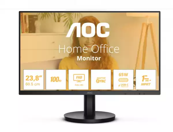 Монитор AOC 24B3CA2, 23.8" IPS WLED, 1920x1080@@100Hz, 4ms GtG, 1ms MPRT, 250cd m/2, 1300:1, 20M:1 DCR, Adaptive Sync, FlickerFree, Low Blue Light, 2Wx2, Tilt, HDMI, USB hub