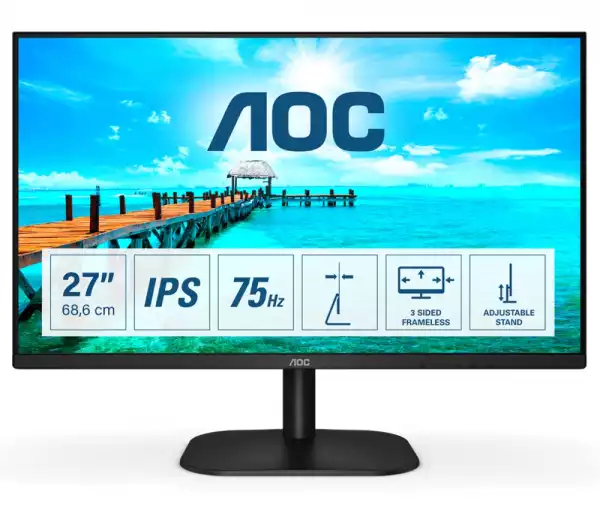Монитор AOC 27B2DA 27inch IPS FHD 1920x1080 16:9 250nits 75Hz 1000:1 4ms HDMI1.4 VGA DVI Headphone out Black Cable included