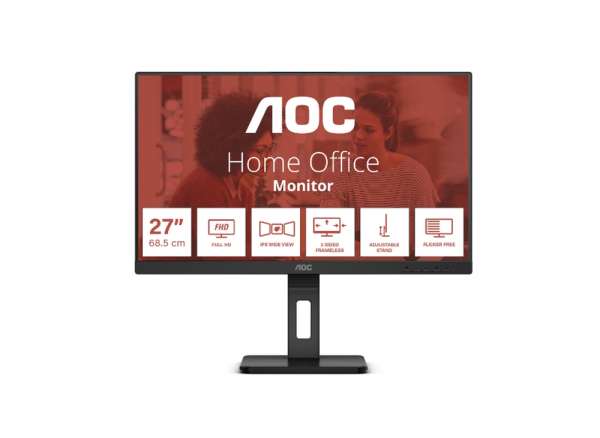 Монитор AOC 27E3QAF, 27" IPS WLED, 1920x1080@@75Hz, 4ms GtG, 300cd m/2, 1000:1, 20M:1 DCR, Adaptive Sync, FlickerFree, Low Blue Light, 2Wx2, Tilt, Height Adjust, Pivot, Swivel, D-SUB, HDMI, DP
