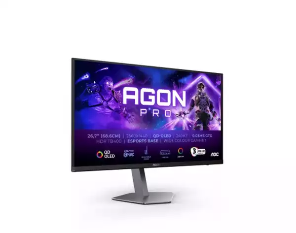 Монитор AOC AG276QZD2, 26.7" QD-OLED, 2560x1440@@240Hz, 0.03GtG, 1000cd m/2, 1.5M:1, 80M:1 DCR, Adaptive Sync, FlickerFree, Low Blue Light, 5Wx2, Tilt, Height Adjust, Pivot, Swivel, 2xHDMI, 2xDP, USB hub