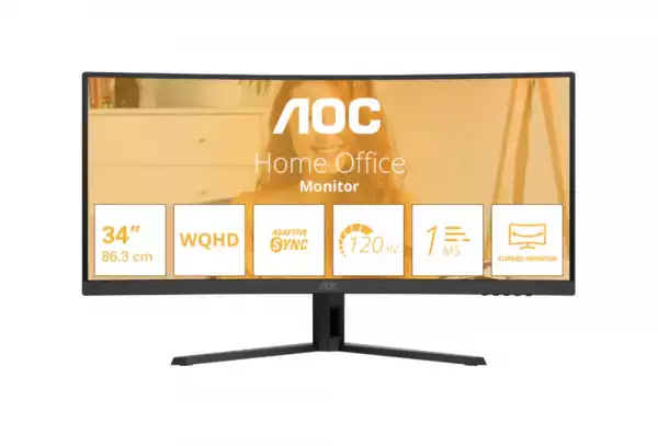 Монитор AOC CU34B3E, 34" Curved 1500R, VA, WLED, 3440x1440@@120Hz, 4ms GtG, 1ms MPRT, 300cd m/2, 3500:1, 50M:1 DCR, Adaptive Sync, FlickerFree, Low Blue Mode, Tilt, HDMI, DP