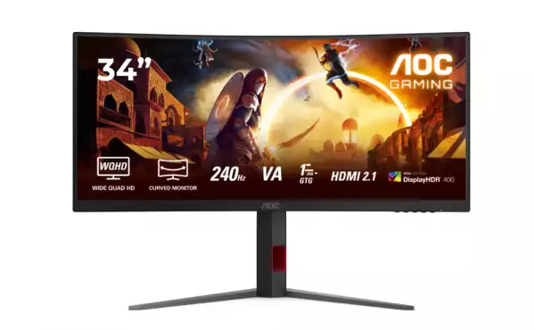 Монитор AOC CU34G4Z, 34" Curved 1500R, VA, WLED, 3440x1440@@240Hz, 1ms GtG, 0.3ms MPRT, 450cd m/2, 2500:1, 80M:1 DCR, Adaptive Sync, FlickerFree, Low Blue Light, Tilt, Height Adjust, Pivot, Swivel, 2xHDMI, DP, USB hub