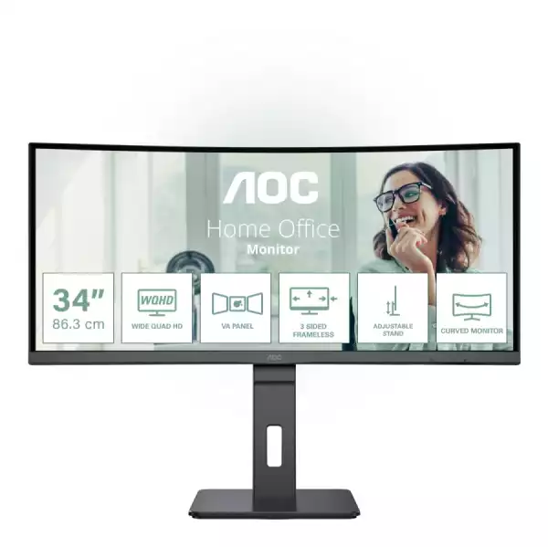 Монитор AOC CU34P3CV, 34" VA WLED, Curved 1500R, 3440x1440@@100Hz, 4ms GtG, 1ms MPRT, 300cd m/2, DCR 3000:1, 50M:1, AdaptiveSync, FlickerFree, Low Blue Light, 5Wx2, Tilt, Height Adjust, Swivel, HDMI, DP, USB hub