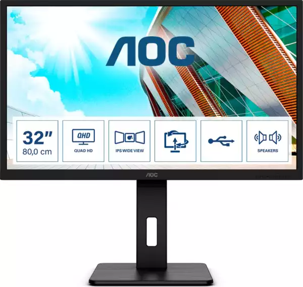 Монитор AOC Q32P2, 31.5" IPS WLED, 2560x1440@@75Hz, 4ms GTG, 250cd/m2, 1000:1, 50M:1 DCR, Adaptive Sync, FlickerFree, Low Blue Light, 3Wx2, Tilt, Height Adjust, Pivot, Swivel, 2xHDMI, DP, USB hub