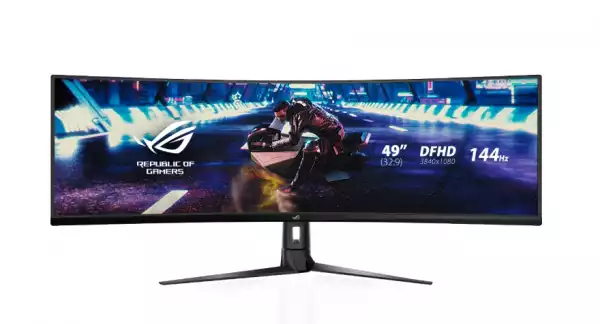 Монитор Asus ROG STRIX Curved XG49VQ, 49" DFHD (3840x1080) Gaming, VA, up to 144Hz, 125% sRGB, DP, HDMI, USB3.0, FreeSync 2 HDR, DisplayHDR400, AuraSync, Red+Dark Gray
