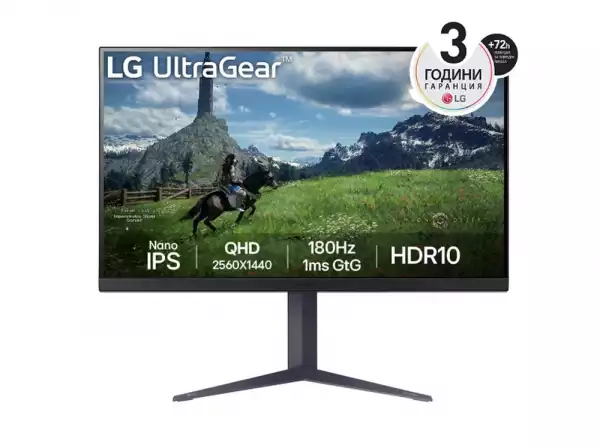 Монитор LG 32GS85Q-B, 31.5" UltraGear Nano IPS 1ms, AG, 180Hz, 1000:1, 350cd/m2, QHD (2560x1440), AMD FreeSync, NVIDIA G-SYNC, HDR 10, DCI-P3 98%, USB, HDMI, DisplayPort, Reader mode, Dynamic Action Sync, Headphone out, Height Adjustable,Tilt, Swivel, Black