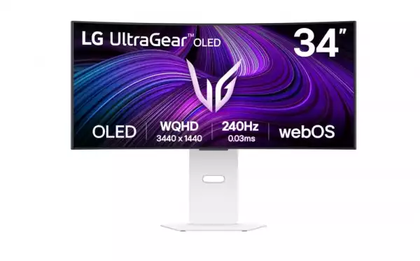 Монитор LG 34GX90SA-W, 34", OLED UltraGear 21:9 Curved Smart, IPS 0.03 ms, WQHD (3440x1440), 240Hz, HDR 10, 1500000:1, 250 cd/m2, DCI-P3 98.5%, USB 3.0, VRR, Free-sync, G-Sync, USB-C, PD 65W, HDMI, DP, PBP, Speakers, LG Switch, Height, Swivel, Tilt, White