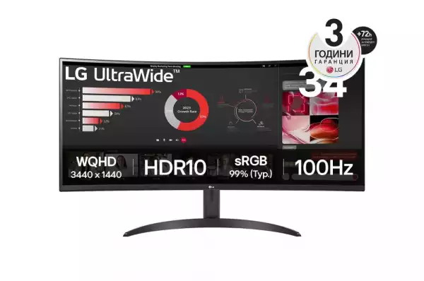 Монитор LG 34WR50QK-B, 34" UltraWide Curved, AG, VA, 5ms, 1ms MBR, 3000:1, 300 cd/m2, 21:9, WQHD 3440x1440, HDR 10, sRGB 99%, FreeSync, 100 Hz, HDMI, DisplayPort, Tilt, Reader Mode, PBP, Headphone Out, Black Монитор LG 34WR50QK-B, 34" UltraWide Curved, AG, VA, 5ms, 1ms MBR, 3000:1, 300 cd/m2, 21:9, WQHD 3440x1440, HDR 10, sRGB 99%, FreeSync, 100 Hz, HDMI, DisplayPort, Tilt, Reader Mode, PBP, Headphone Out, Black