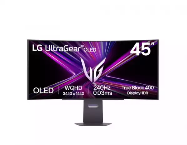 Монитор LG 45GX900A-B, 44.5" UltraGear OLED curved 21:9, 0.03ms, 240Hz, DWQHD (3440x1440), 275 cd/m2, 1500000:1, DCI-P3 98.5%, HDR 10. NVIDIA G-Sync, AMD FreeSYnc, VRR, USB Type-C, PD 65W, HDR 400, HDMI, DisplayPort, Speacer, DTS, PIP, PBP, Tilt, Height, Swivel