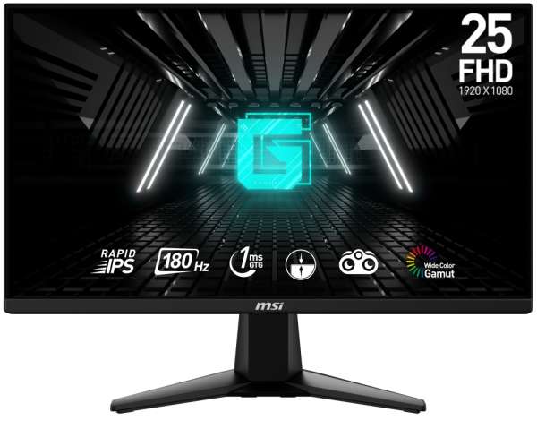 Монитор MSI G255F, 24.5", Rapid IPS, 180Hz, 1ms, 1920x1080 FHD, Anti-glare, Adaptive-sync, Night Vision, Frameless, Anti-Flicker, Less Blue Light, 300 nits, 1000:1, 100M:1, 1x Display Port (1.2a), 2x HDMI (2.0b), Headphone out, Tilt, FRAMELESS, 3.24 kg