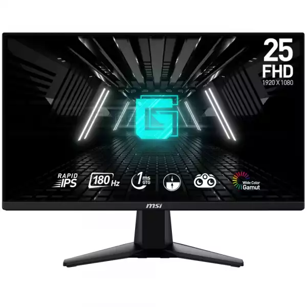 Монитор MSI G255F Gaming, 24.5", 1ms, 180Hz Rapid IPS, 1920x1080 FHD, AMD FreeSync Premium, Night Vision, Anti-Flicker, Less Blue Light, 300nits AG, 16.7M, 1000:1, 100M:1, DP(1.2a), 2xHDMI (2.0b), Headphone out, Tilt, VESA 100, Black, 3.24kg