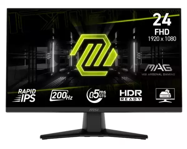 Монитор MSI MAG 242F, 23.8", 0.5ms, 200Hz, Rapid IPS, 1920x1080 (FHD), 16:9, AMD FreeSync Premium, 89% DCI-P3, AG, HDR Ready, 300 nits, 1000:1, DCR 100M:1, DP(1.2a), HDMI 2.0b, Tilt, VESA, Black, 3kg