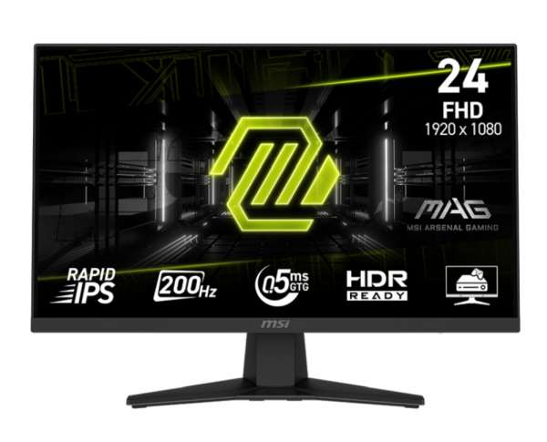 Монитор MSI MAG 244F, 23.8", 0.5ms, 200Hz, Rapid IPS, 1920x1080 (FHD), 16:9, AMD FreeSync Premium, 96% DCI-P3, AG, HDR Ready, 300 nits, 1000:1, DCR 100M:1, DP(1.2a), HDMI 2.0b, Tilt, VESA, Black, 2.9kg