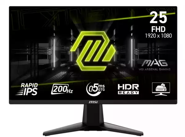 Монитор MSI MAG 255F E20, 24.5", 0.5ms, 200Hz, Rapid IPS, 1920x1080 (FHD), 16:9, AMD FreeSync Premium, 79% DCI-P3, AG, HDR Ready, 300 nits, 1000:1, DCR 100M:1, DP(1.2a), 2xHDMI 2.0b, Tilt, VESA, Black, 3.24kg
