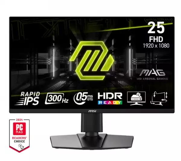 Монитор MSI MAG 255PXF, 24.5", 0.5ms, 300Hz, Rapid IPS, 1920x1080 (FHD), 16:9, AMD FreeSync Premium, 90% DCI-P3, AG, HDR Ready, 250 nits, 1000:1, DCR 100M:1, 2x2W, DP(1.2a), 2xHDMI 2.0b, Pivot, Heigh Adj., VESA, Black, 5.3kg