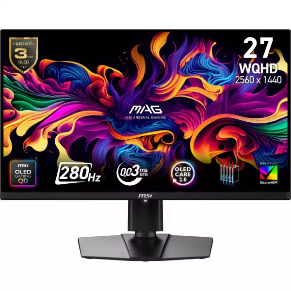 Монитор MSI MAG 271QP QD-OLED X28 Gaming, 26.5", 0.03ms, 280Hz, 2560x1440, G-SYNC, AMD FreeSync Premium Pro, AI Vision, Console Mode, ClearMR 15000, HDR True Black 400, Type-C(15W PD), DP(1.4a), 2xHDMI(2.1), Pivot, Heigh Adj., VESA 100, Black, 8.2kg