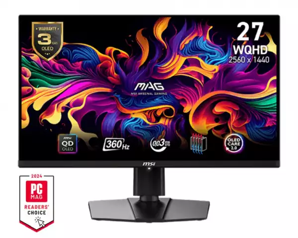 Монитор MSI MAG 271QPX QD-OLED, 26.5", 360Hz, 0.03ms, WQHD 2560x1440, Oled Care 2.0, Fanless Design with Graphene, ClearMR 13000, HDR True Black 400, AI VISION, 250 nits, 1500000:1, 100M;1, DP (1.4a), 2x HDMI (2.1), Type-C (DP alt. PD 15W), Adj.Stand 110mm