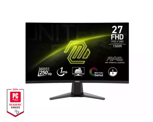 Монитор MSI MAG 27C6X, 27", VA, 240Hz, 250Hz(OC), 1ms, Curved, FHD 1920x1080, Adaptive-Sync, AI Vision, VRR, Console mode, CEC, Anti-Flicker, LBL, 250 nits, 3000:1, 100M:1, 1x Display Port (1.2a), 2x HDMI (2.0b), Headphone out, Tilt, FRAMELESS, VESA