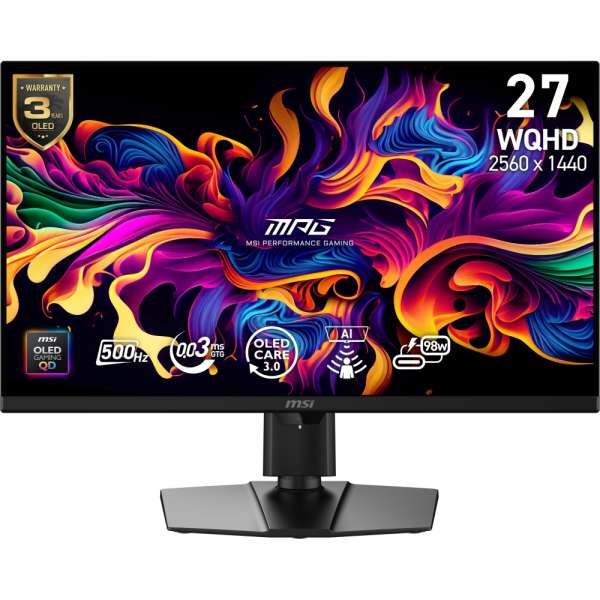 Монитор MSI MPG 271QR QD-OLED X50 Gaming, 26.5", 0.03ms, 500Hz, 2560x1440, G-SYNC, AMD FreeSync Premium Pro, AI Vision, Console Mode, ClearMR 21000, HDR True Black 500, Type-C(98W PD), DP(2.1a), 2xHDMI(2.1), USB Hub, Pivot, Heigh Adj., VESA, Black, 8.4kg