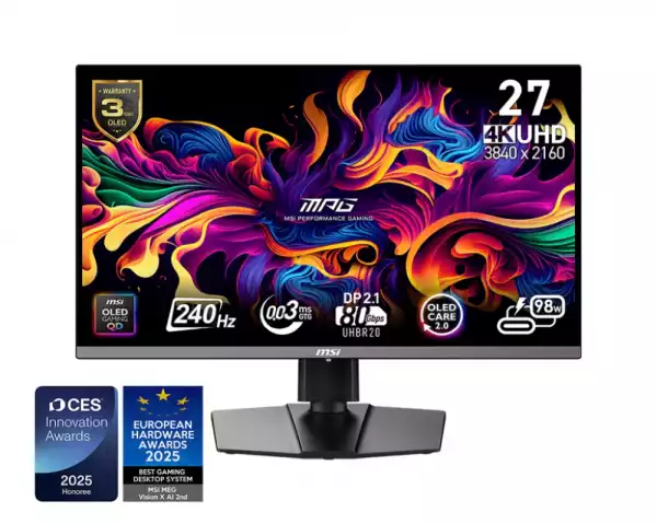 Монитор MSI MPG 272URX QD-OLED, 26.5", 0.03ms, 240Hz, 3840x2160 (UHD), 16:9, FLAT, Oled care 2.0, G-Sync Compatible, ClearMR 13000, HDR, 1.5M:1, 100M:1, DP(2.1a), 2xHDMI 2.1, 1xTypeC DP alt. w/PD (98W), USB HUB, Pivot, Heigh Adj., Black, 8kg Монитор MSI MPG 272URX QD-OLED, 26.5", 0.03ms, 240Hz, 3840x2160 (UHD), 16:9, FLAT, Oled care 2.0, G-Sync Compatible, ClearMR 13000, HDR, 1.5M:1, 100M:1, DP(2.1a), 2xHDMI 2.1, 1xTypeC DP alt. w/PD (98W), USB HUB, Pivot, Heigh Adj., Black, 8kg