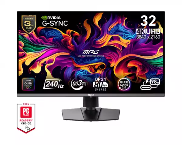 Монитор MSI MPG 322URX QD-OLED, 31.5", 0.03ms, 240Hz, Flat, 3840x2160 UHD, 16:9, G-Sync Compatible, HDR True Black 400, 450 nits, 99% DCI-P3, AG, 1.5M:1, 100M:1, DP(2.1a), 2xHDMI 2.1, 1xTypeC DP alt. w/PD (98W), USB HUB, Pivot, Heigh Adj., VESA, Black, 9.6kg