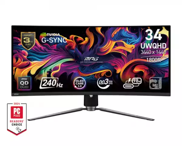 Монитор MSI MPG 341CQPX QD-OLED, 34.18", 0.03ms, 240Hz, 3440x1440(UWQHD), 21:9, CURVE 1800R, AR, FreeSync Premium Pro, CLEARMR 13000, HDR True Black 400, 1000 nits, 3000:1, DCR 150M:1, DP(1.4a), 2xHDMI 2.1, TypeC DP w/PD(98W), USB hub, Heigh Adj., Black, 8.8kg