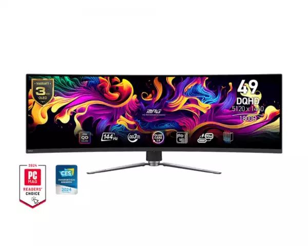 Монитор MSI MPG 491CQP QD-OLED, 49", 144Hz, 0.03ms, DQHD 5120x1440, 32:9, Oled Care 2.0, Fanless Design with Graphene, ClearMR 8000, HDR True Black 400, AI VISION, KVM, PBP, PIP, 250 nits, 1500000:1, DP (1.4a), 2x HDMI (2.1), Type-C (DP alt. PD 90W), USB HUB
