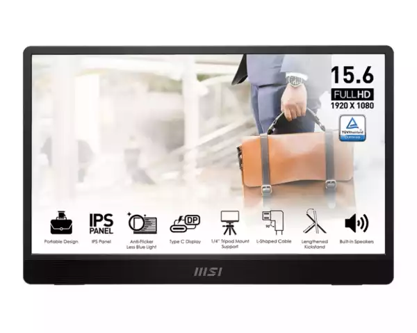 Монитор MSI PRO MP161 E2, Portable, 15.6" FHD IPS, Ultra Slim Design 1.08 cm, Connect with Smartphone, Display Kit app, MSI EyesErgo, Built-in Ergo Fold-out Kickstand, Built-in Speakers 2x 1.5W, 2x USB Type-C (DP 1.2a, 15W PD), mini HDMI, 4ms, 0.75 kg