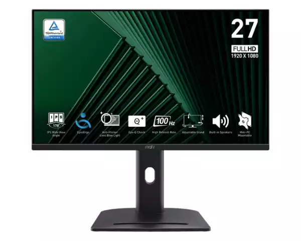 Монитор MSI PRO MP275PG, 27", 1ms, 100Hz, IPS, 1920x1080 (FHD), 16:9, FLAT, Adaptive-Sync, MSI Power Link, EyesErgo, 78% SRGB, AG, 300 nits, 1000:1, DP (1.2a), HDMI 1.4b, VGA, Line-in, Speakers 2x2W, Pivot, Heigh Adj. 130 mm, VESA, Black, 6.03kg Монитор MSI PRO MP275PG, 27", 1ms, 100Hz, IPS, 1920x1080 (FHD), 16:9, FLAT, Adaptive-Sync, MSI Power Link, EyesErgo, 78% SRGB, AG, 300 nits, 1000:1, DP (1.2a), HDMI 1.4b, VGA, Line-in, Speakers 2x2W, Pivot, Heigh Adj. 130 mm, VESA, Black, 6.03kg