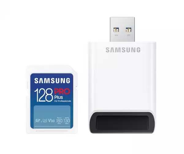 Samsung 128GB SD Card PRO Plus with USB Reader, Class10, Read 180MB/s - Write 130MB/s