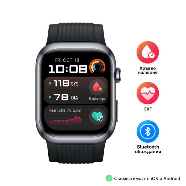 Смартчасовник Huawei Watch D2 LCA-B10, Black , 1.82" Amoled, Airbag/Strap Size 26mm, Ambulatory 24H Blood Pressure, HR monitoring PPG 6.0, Rotating crown, IP68, Speaker&Micophone, Dual-band, Battery 524mAh
