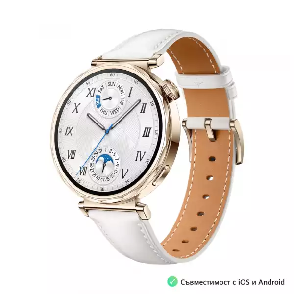 Смартчасовник Huawei Watch GT5 Jana-B19L, 1.32", Amoled 466x466 PPI 352, , BT5.2 BLE/BR/EDR, 5ATM, 524mAh, Screenshot sharing, support message input, message notifications, Battery life up to 7 days, Compatible with iOS and Android devices, White Leather