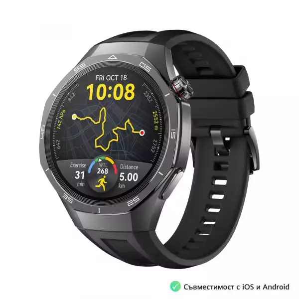 Смартчасовник Huawei Watch GT5 Pro Vili-B29F, 1.43", Amoled, 466x466, PPI 326, BT5.2, BLE/BR/EDR, 524mAh, 40-meter free diving, HUAWEI TruSense System, ECG analysis, Battery life up to 14 days, Compatible with iOS and Android devices, Black Fluoroelastomer