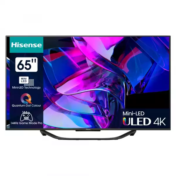 Телевизор Hisense 65" U7KQ, 4K Ultra HD 3840x2160, ULED, FALD, Quantum Dot, 144Hz, IPS, HDR 10+, HLG, Dolby Vision IQ, Dolby Atmos, Smart TV, WiFi 5GHz, WiFi Direct, BT, Anyview Cast, 4xHDMI, 2xUSB, LAN, CI+, DVB-T2/C/S2, Black