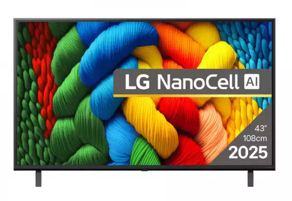 Телевизор LG 43NANO80A3B, 43" 4K HDR Smart Nano Cell TV, 3840x2160, DVB-T2/C/S2, AI Alpha 7, HDR 10 PRO, webOS 25, ThinQ AI, VRR, ALLM, HGiG, WiFi, Clear Voice, AI Upscaling, Bluetooth, Hdmi e-ARC , CI, LAN, AirPlay2, Chromecast, 2 Pole stand, Black