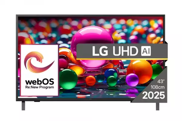 Телевизор LG 43UA75003LA, 43" 4K UltraHD TV 4K (3840x2160), DVB-T2/C/S2, webOS 25 Smart, ThinQ AI, Alpha 7 AI Processor, WiFi, HDR10 pro, HLG, ALLM/HGiG, 4K Upscaling, AI Sound pro, Multiple View, HDMI eARC, LAN, USB, Bluetooth, Google Cast, 2 Pole Stand, Black