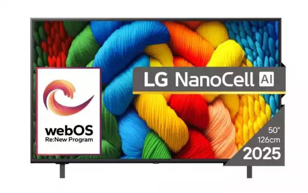 Телевизор LG 50NANO80A3B, 50" 4K HDR Smart Nano Cell TV, 3840x2160, DVB-T2/C/S2, AI Alpha 7, HDR 10 PRO, webOS 25, ThinQ AI, VRR, ALLM, HGiG, WiFi, Clear Voice, AI Upscaling, Bluetooth, Hdmi e-ARC , CI, LAN, AirPlay2, Chromecast, 2 Pole stand, Black
